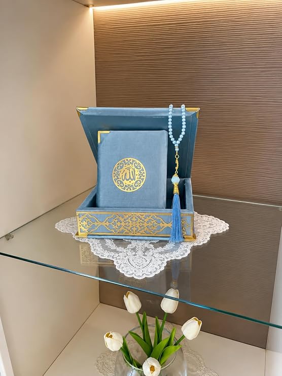 Velvet Covered Quran and Pearl Tasbih in Wooden Decorative Box | Quran Gift Box | Islamic Gift Set | Islamic Birthday, Wedding Gift | Muslim Eid Ramadan Gift (Blue)