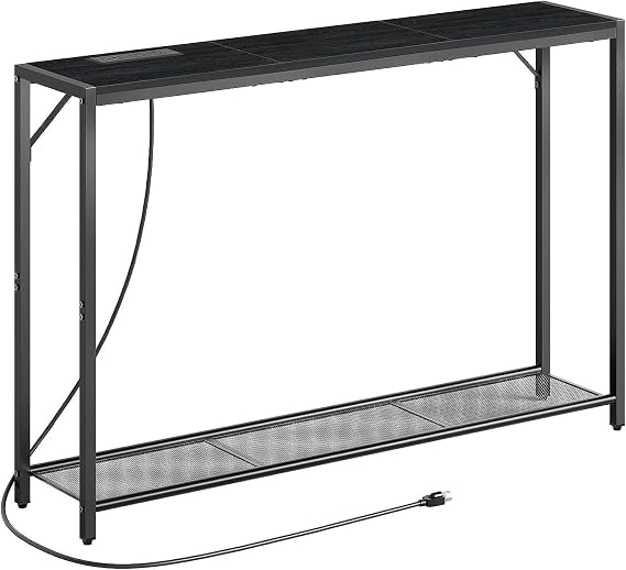 MAHANCRIS 43.7" Console Table with Outlet, Narrow Sofa Table with Shelf | 2 Tier Behind Couch Table, Charging Station, Steel Frame, for Entryway, Living Room, Foyer, Hallway, ofice, Black CTHB11E01N1