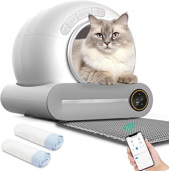 Tuya Smart Automatic Cat Litter Box, Extra-Large 65L Capacity, Self Cleaning, Odor Control, APP Control, Safety Protection for Multiple Cats with Litter Mat