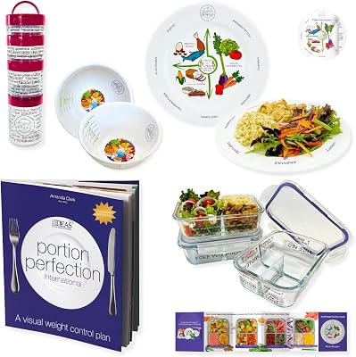 Portion Control Plates Bowls Porcelain 10 Inch and with Clear Instruction Book, Meal PrepLunchbox Borosilicate Glass Containers and 100 Cal Snack Containers for Weight Loss