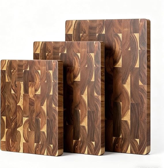 3-Piece End-Grain Wood Chopping Board Set, Wooden Cutting Boards for Kitchen, Reversible Butcher Block, Built-In Handles, Non-Slip Wooden Chopping Board for Kitchen Prep, Meat, Vegetables, Charcuterie