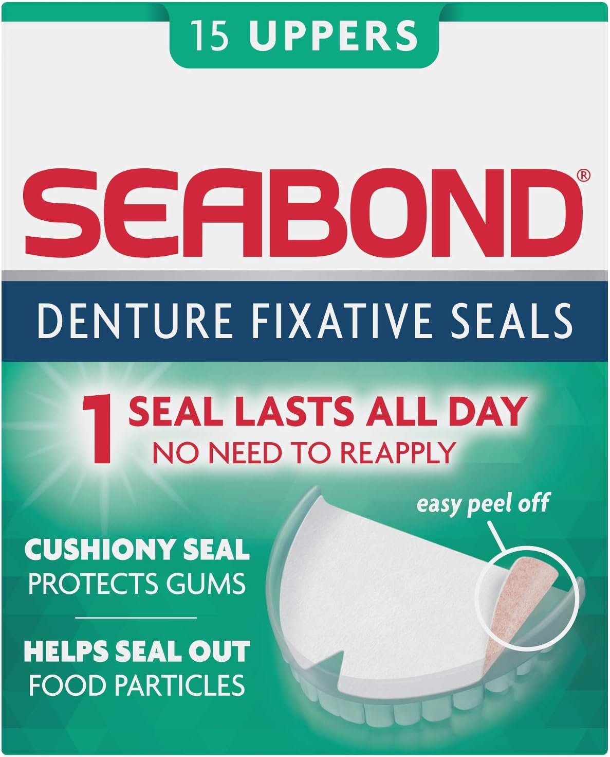 Seabond Denture Fixative Seals, Soft Adhesive Cushion, Last All Day & Protect Gums, 15 Uppers