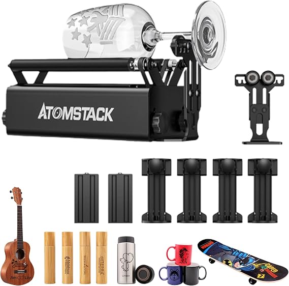 ATOMSTACK R3 Pro Rotary Roller, Engraving Auxiliary Module for Laser Engraver, 360 Y-axis Rotating Roller for Carving of Goblet/Cylindrical/Round/Oversized Objects (R3 Pro Rotary Roller)