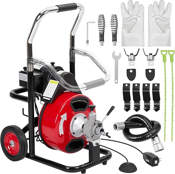 Drain Cleaner Machine, 100 FT x 3/8 Inch Sewer Auger Auto Feed, Drain Cleaning Machine with 4 Cutters & Air-activated Foot Switch for 2" to 4" Pipes, Portable Electric Drain Auger Cleaner