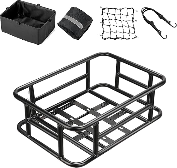 Bike Basket Rear with Liner,Large Bicycle Basket with Waterproof Cover,Bicycle Rear Basket with Cargo Net and Elastic Bungee Cord for Electric Bike