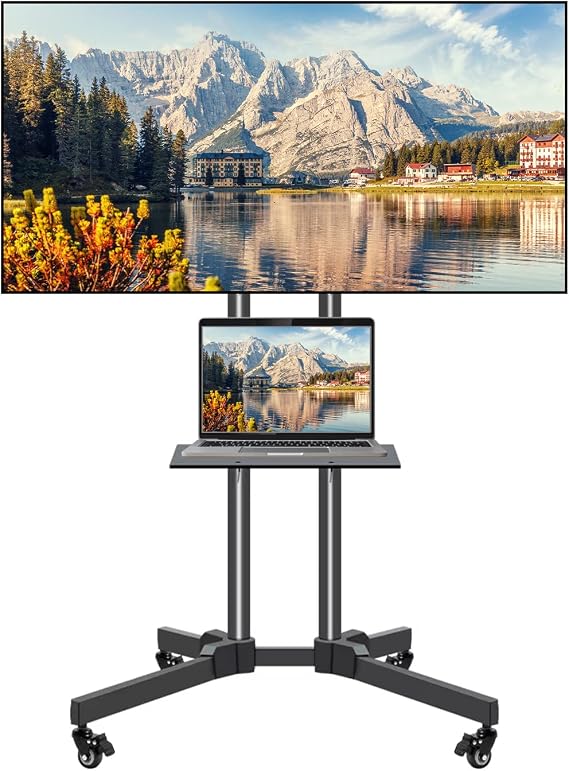Mobile TV Stand on Wheels for 32-65 Inch LCD LED Flat Panel Curved Screen TV up to 132lbs, TV Cart with Height Adjustable Laptop Shelf Movable Portable Rolling Floor TV Stand Max VESA 600*400mm