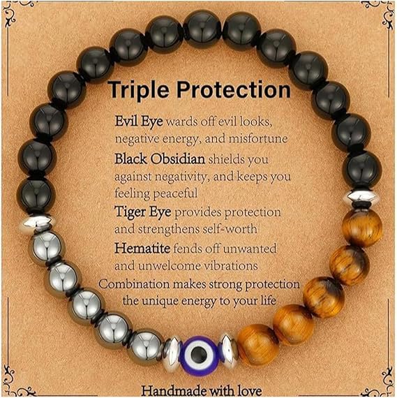 Ethlomoer Evil Eye Bracelets for Men, Triple Protection Bracelet with Obsidian & Tiger Eye Beads, Men's Beaded Healing Jewelry with Evil Eye Beads for Spiritual Protection|Christmas' Gift for Him
