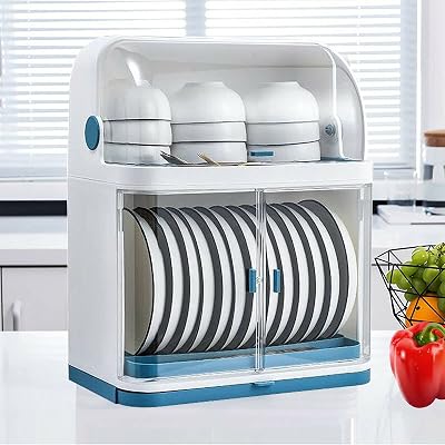 Dish Drying Rack Drain Board with Lid Cover, 17.7x15x9.8 Kitchen Supplies Storage Shelf, 2-Tier PP Plates Cups Bowls Drying Rack Tray Cutlery Dish Drainer for Kitchen