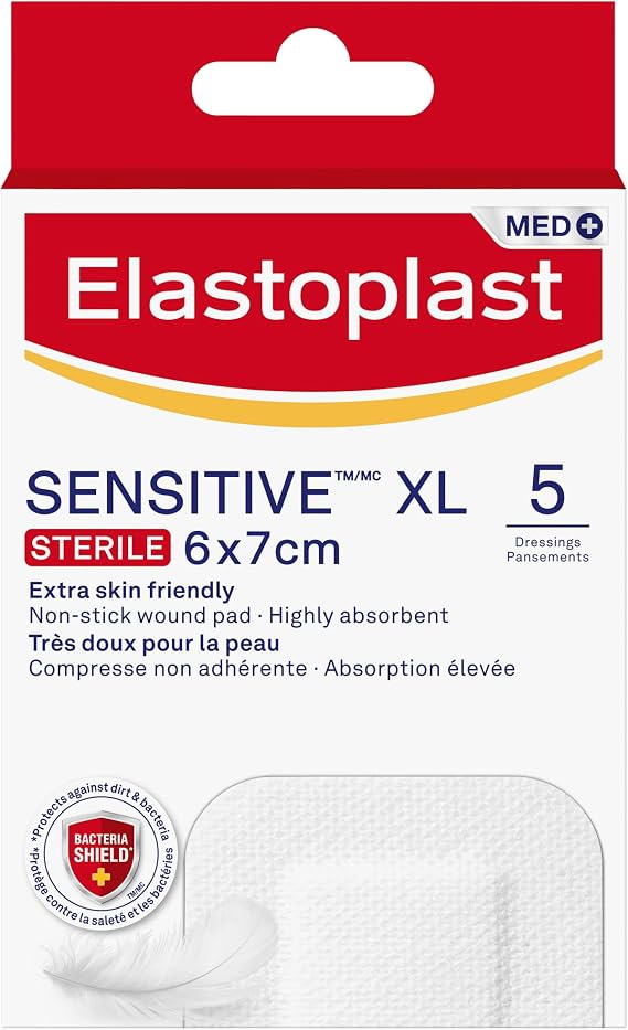Elastoplast Sensitive XL Med+ Dressings (5 Strips), Pack of First Aid Plasters, Large Everyday use for Post-Operative Wounds, Skin-Friendly Sterile Dressings for Wounds, 0% Latex, White