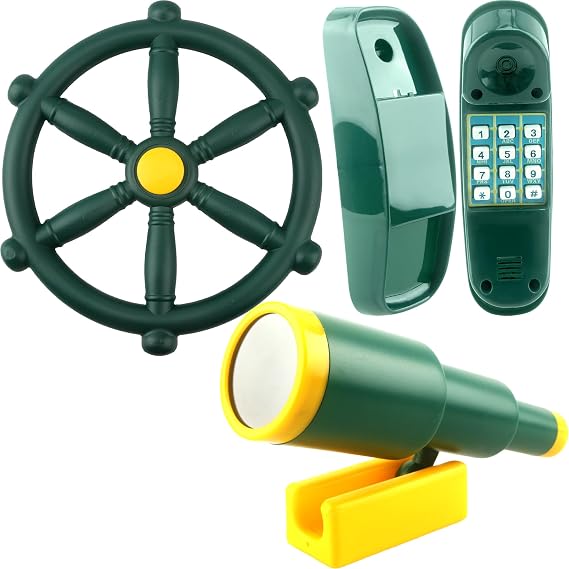3 Pack Kids Playground Accessories Pirate Ship Steering Wheel Plastic Steering Wheel Swingset Telephone Plastic Telescope for Kids Outdoor Playhouse Treehouse Playset (Green)