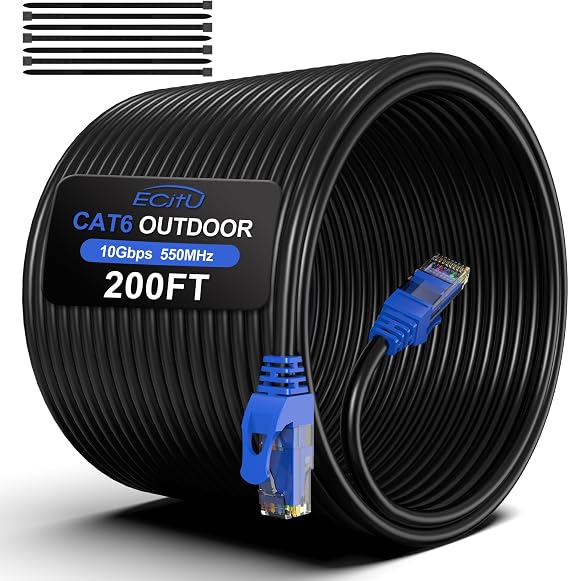 200ft Cat6 Outdoor Ethernet Cable Underground Heavy Duty Direct Burial 24AWG CCA Patch Cord POE UTP Waterproof LLDPE UV Resistant Network Internet LAN Cat 6 Cable 200ft with 25 Cable Ties