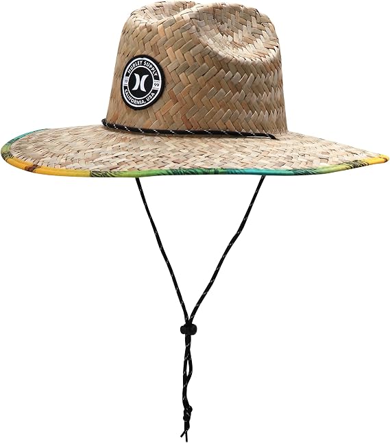 Hurley Mens Straw Hat, Adjustable Chin Strap, Wide Brim Sun Protection