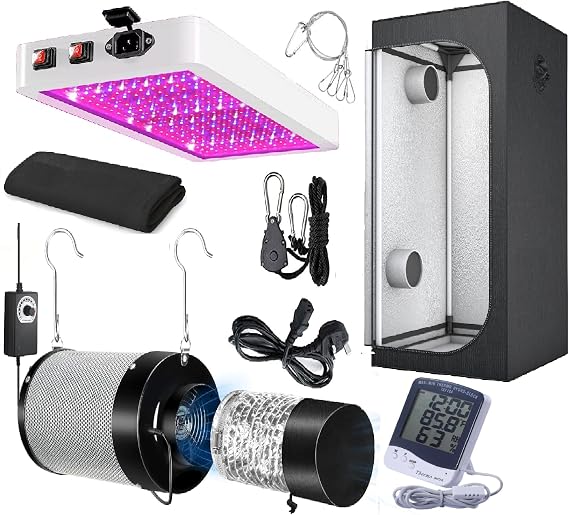 Indoor Grow Tent Kit, Full Spectrum LED Light, Carbon Filter System, 4-Piece Complete Setup with Thermohygrometer (80 x 80 x 160 cm)