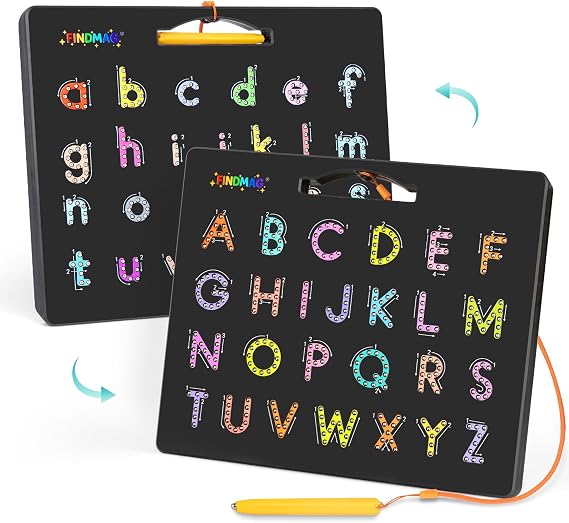 FINDMAG Magnetic Alphabet Board, 2-in-1 Magnetic Writing Board for Kids | Magnetic Letter Board for Uppercase ABC Letters, Learning, Road Trip Car Activities, Letter Tracing for Kids Ages 3-5, Black