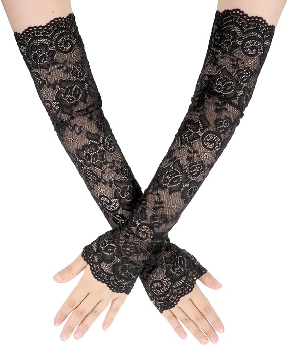Fingerless Black Lace Gloves for Women Elbow Length Lace Arm Sleeves Elegant Long Floral Laces Fingerless Gloves for Dance Tea Party Christmas Cosplay 20s Accessories Evening Wedding Dinner Gift