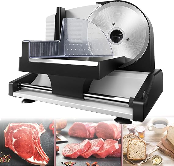 Professional Food Slicer Machine for Home Use, Quiet 200W Electric Motor, for Bread Meat and Cheese, Electric Deli Food Slicer with Plastic Pusher Blade Guard & Non-Slip Feet