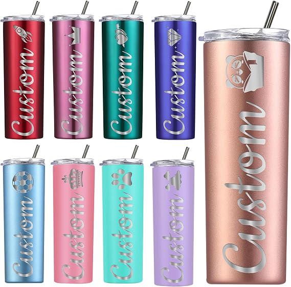 Amlion Personalised Tumbler - Laser Engraved with Name,20oz Custom Stainless Steel Cups Personalised Skinny Tumblers with Lids and Straws for Women Men Gifts - 13 Colors & 42 Icons