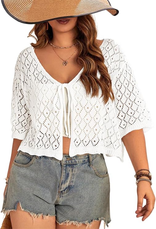 Women's Plus Size Crochet Cardigan Crop Short Sleeves Tie Front Lightweight Knitwear