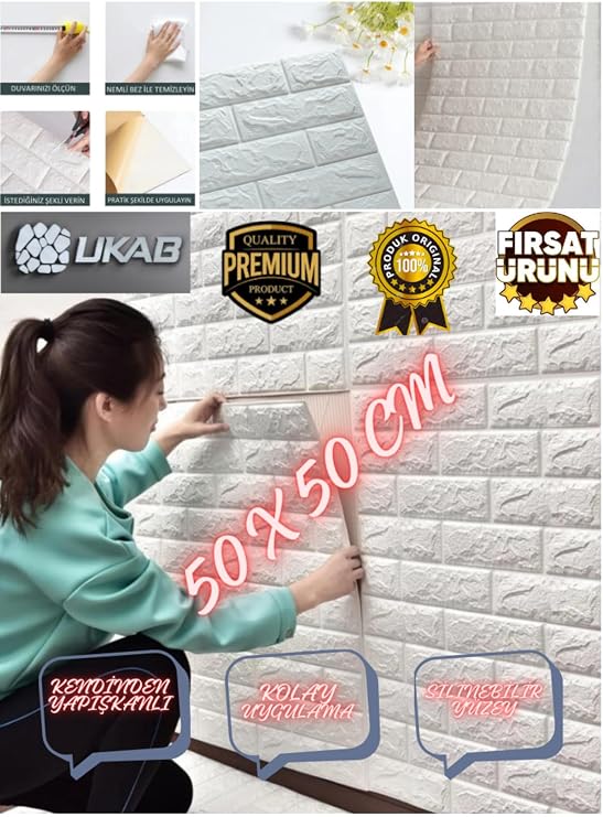 UKAB DEKOR Kendinden Yapışkanlı Tuğla Desenli Beyaz Duvar Paneli Pratik Dekoratif mutfak 50x50cm 0,25 m² Beyaz 50 x 50