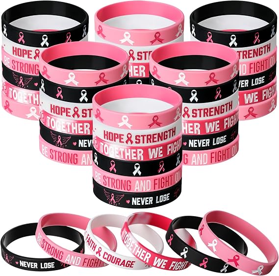 Aoriher 48 Pcs Breast Cancer Awareness Silicone Bracelets Bulk Pink Ribbon | Hope Faith Strength Courage Words, Survivor Gifts for Women, Fundraiser Party Favors, Bulk Wristbands Event Supplies