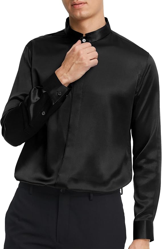 LilySilk Silk Mens Shirt Classic Long Sleeves 100% Silk with Stand-up Collar & Hidden Buttons Business Casual