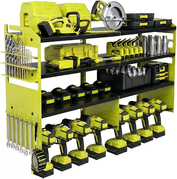 Power Tool Organizer Wall Mount, Standard Edition, Green | Heavy Duty 600 Lbs Metal Tool Storage Rack, 4-Tier Garage Drill Holder & Workshop Battery Management Station