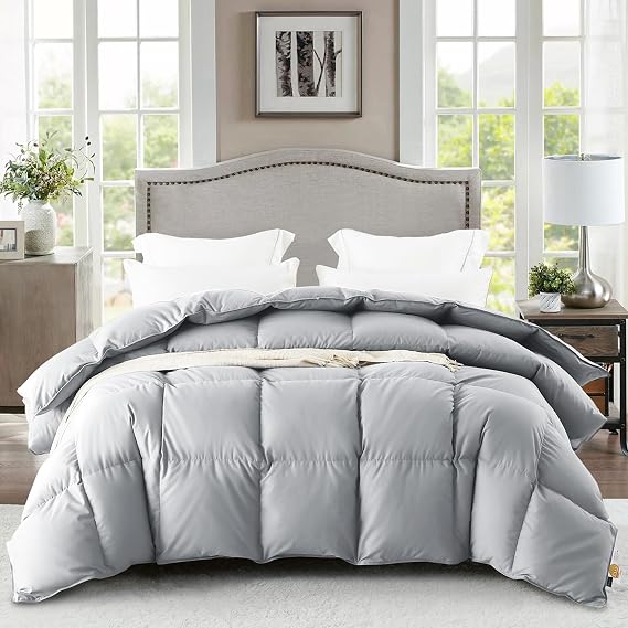 WarmKiss Down Comforter Twin Size, All Season Soft and Fluffy Duvet Insert, 50% Feather Fill Bed Comforters, Luxury Tencel Cover (6890, Grey)