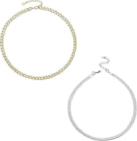 NUZON Fashion Cuban Link Chain Necklace and Gold Beaded Necklace Set