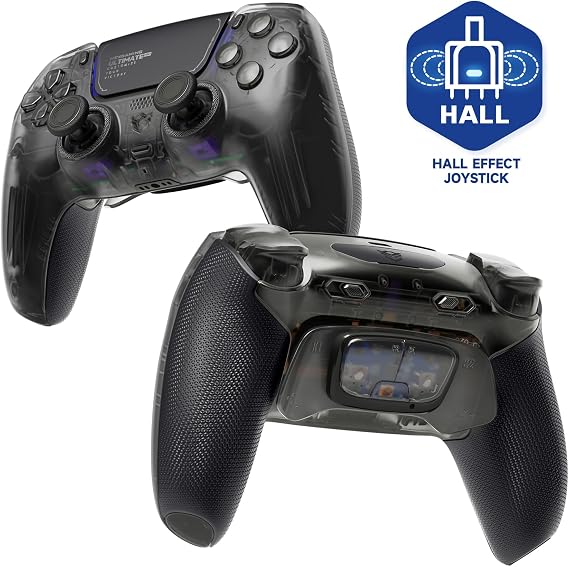 HEXGAMING ULTIMATE PRO ゲーミングコントローラー PS5/PC/モバイル対応、Hall Effectバージョン – 割り当て可能な背面ボタン4個、カスタムプロファイル6種類、調整可能なトリガー、交換可能なサムスティック8本マットクリアブラック