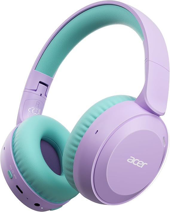 Acer Kids Bluetooth Headphones, 85/94dB Volume Limited, 60H Playtime, Bluetooth 6.0, Lightweight Over-Ear Wireless Headphones for Kids, Toddler Headphones with Built-in Mic, Purple-Green | Foldable Wireless Over Ear Headphones, Bluetooth 6.0, for Toddler School/iPad/Tablet/PC/Travel, Purple Green