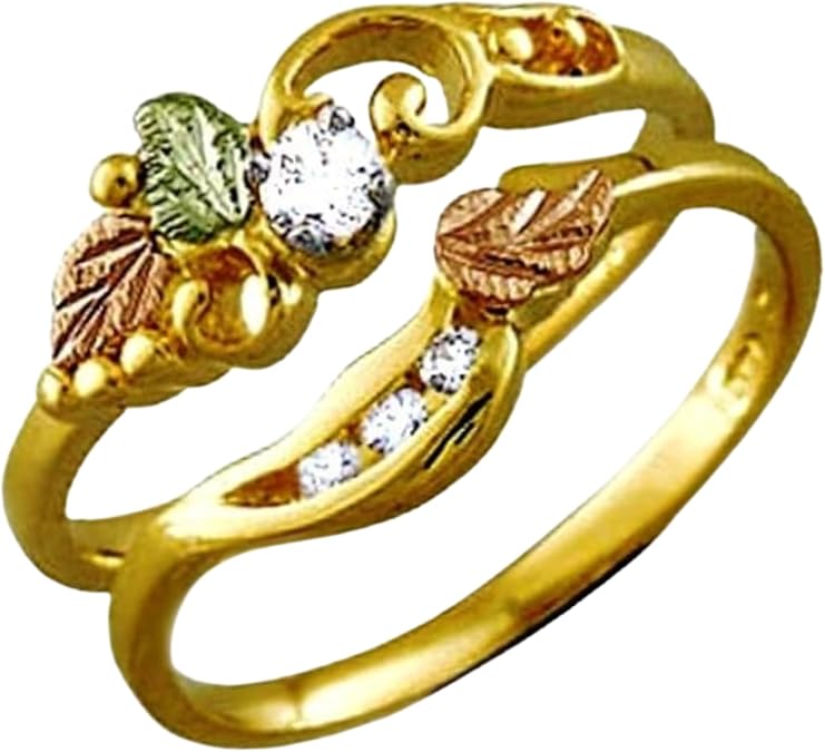 Diamond Bridal Set Engagement and Wedding Ring, 14k Yellow Gold, 12k Green and Rose Gold Black Hills Gold Motif (.10 Ct) (.02 Ctw)