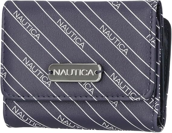 Nautica Rower's End Small Wallet for Women, RFID Blocking Slim Credit Card Holder with Zipper Coin Pocket, Bifold Compact Wallet with ID Window in Indigo Bone