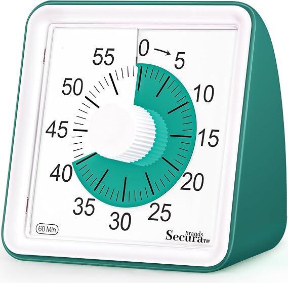 Secura 60 Minute Essential Visual Timer for Kids, Countdown Clock Timer for Special Education, Classroom, School, Desk, Home, Office, Silent Non-Ticking Time Management Tool (Dark Green & Dark Green)