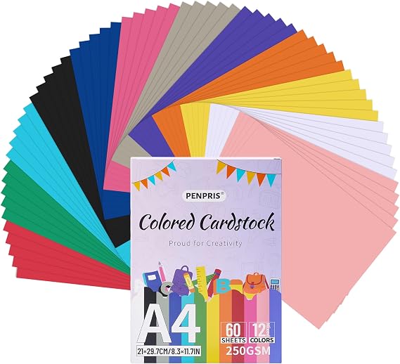 60 Sheets Colored Cardstock 12 Colors 250gsm/92lb Construction Paper A4