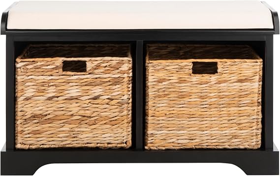 SAFAVIEH Furniture - Freddy 2-Basket Storage Bench - Black - Solid Wood - Coastal Basket Storage Design - Ideal for Entryway, Living Room, Hallway, 18" Seat Height - Fully Assembled (AMH5736B)