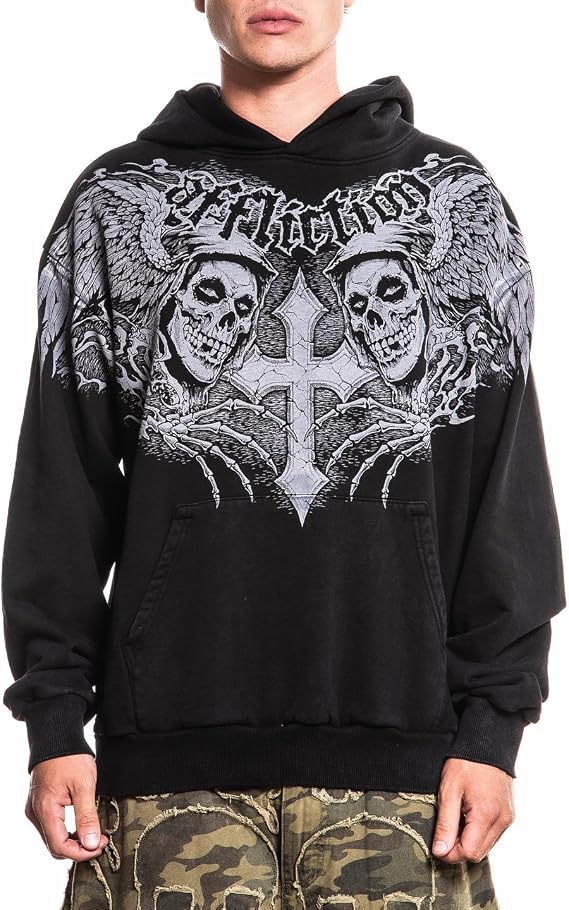 Affliction Misfits Men's Pullover Hoodie, Black with Skull and Wings Graphic