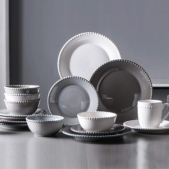 Ceramics Dinner Sets, 24 Pieces Pearl Edge Porcelain Dinnerware Set | Vintage Relief Mug Cereal Bowl and Steak Plate for Wedding Housewarming Gift