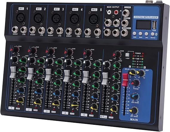 Bluetooth Portable Audio Mixer, w/USB DJ Sound Mixing Console MP3 Jack 48V Power for Computer Recording, 7-Channel Bands Mixing Boards For Studio Recording
