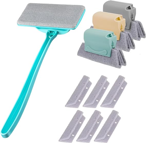 Window Cleaner Kit for Screen & Groove - Mesh Screen Cleaning Brush + 3 Magic Window Track Cleaning Brushes & 6 Replaceable Cleaning Cloths 14.8 Detachable Long Handle, Wet & Dry Dual Use