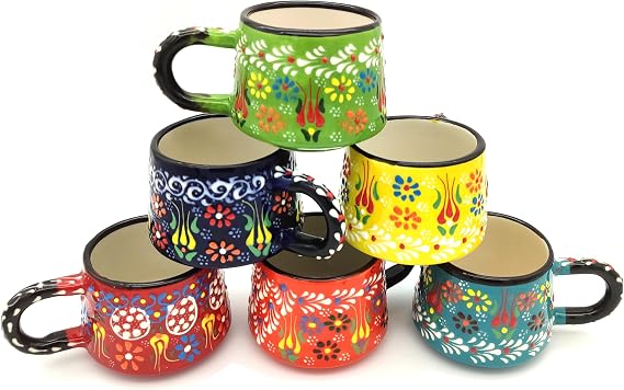 Coffee Mug Cups Ceramic Handmade 6 Oz Coffee Mug Set for Espresso Cups Set of 6, Multi Color Tile Coffee Mug Set for Tea, Cappuccino, Latte 180 Ml