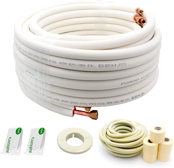 50ft Length Mini Split Line Set,1/4" 3/8" OD Copper Pipes Tubing and 3/8 White PE Thickened Insulated Coil with Flared Nuts for Mini Split Air Conditioner HVAC or Heat Pump System. (50Ft(1/4+3/8))