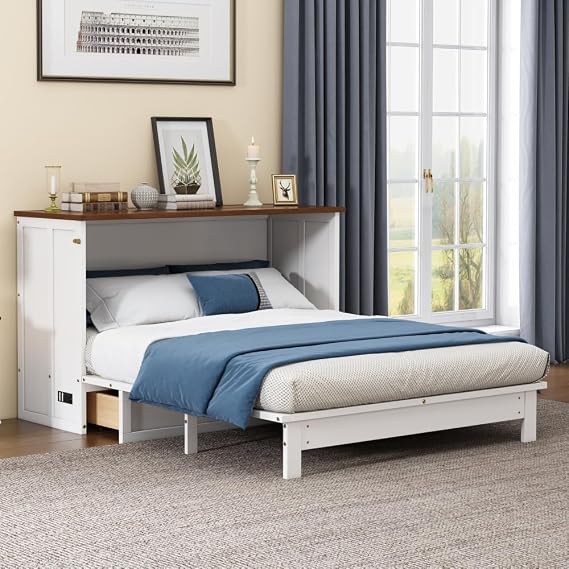 Solid Pine Murphy Bed Chest with Charging Station Large Storage Drawer for Home Office Small Room Queen (White+Walnut + Wood + Full)