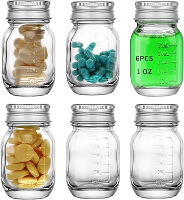 6Pcs Glass medicine bottles 1oz 30 ml Glass Reagent Bottles Transparent Sample Jar,Wide Mouth,Screw Cap with Scale for Home, Argent Lid 6