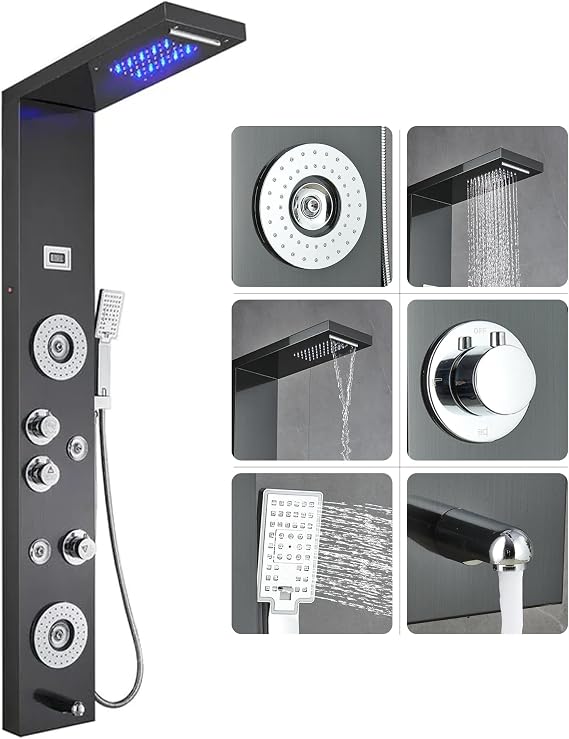 55 in. 6-Jet Stainless Steel Matte Black Shower Panel System w/Fixed LED Rainfall & Waterfall Showerhead, Temp Display, Tub Spout & Handheld Luxury Wall Mount Bathroom Tower