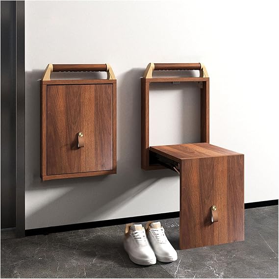 Foldable Wall-Mounted Shoe Bench, Bathroom Shower Chair, Hidden Wall Folding Chair, Solid Wood Folding Stool for Restroom Living Room Entrance Hall(Color:Classic Brown)