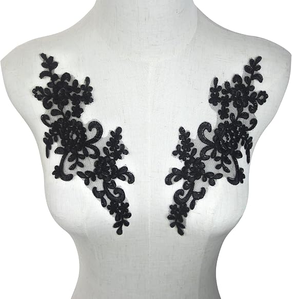 1 Pair Black Lace Applique,Lace Appliques Embellishments for Dance Costumes,Sequin Laces Applique Dress,Flower Embroidery Patch for DIY Sewing Wedding Crafts Decoration(1 Pair/Black)