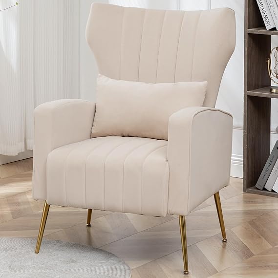 Modern Accent Chair Upholstered Living Room Chair,High Back Arm Chair with Metal Legs Lumbar Reading Chair for Bedroom, Apartment, Small Spaces Velvet Beige