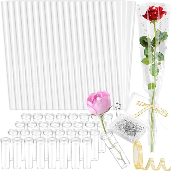 100 Pcs Single Rose Sleeve with Floral Water Tubes, Flower Water Tubes | with Single Flower Sleeve, Diamond Pins and Ribbon, Flower Wrapping Bags for Valentine's Day Mother's Day