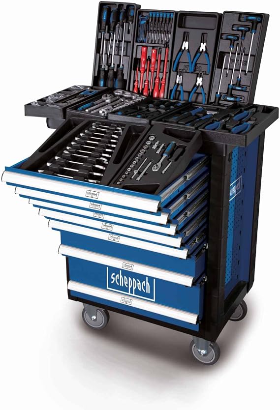 Scheppach TW1000 Filled Tool Trolley, 263-Piece Kit, 7 Drawers, Lockable