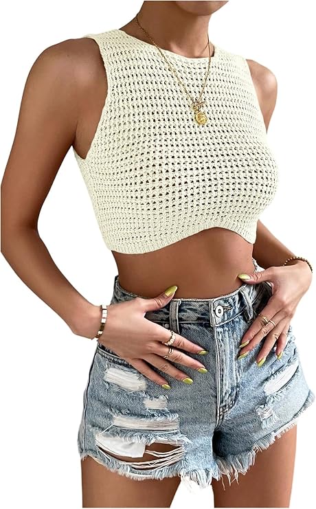 GORGLITTER Women's Crochet Crop Tank Top Sexy Sleeveless Copped Knit Tops | Going Out Tops, Hollow Out, Knit Vest, Boho Tank, Summer Vacation, Rave Concert Outfits, 2026